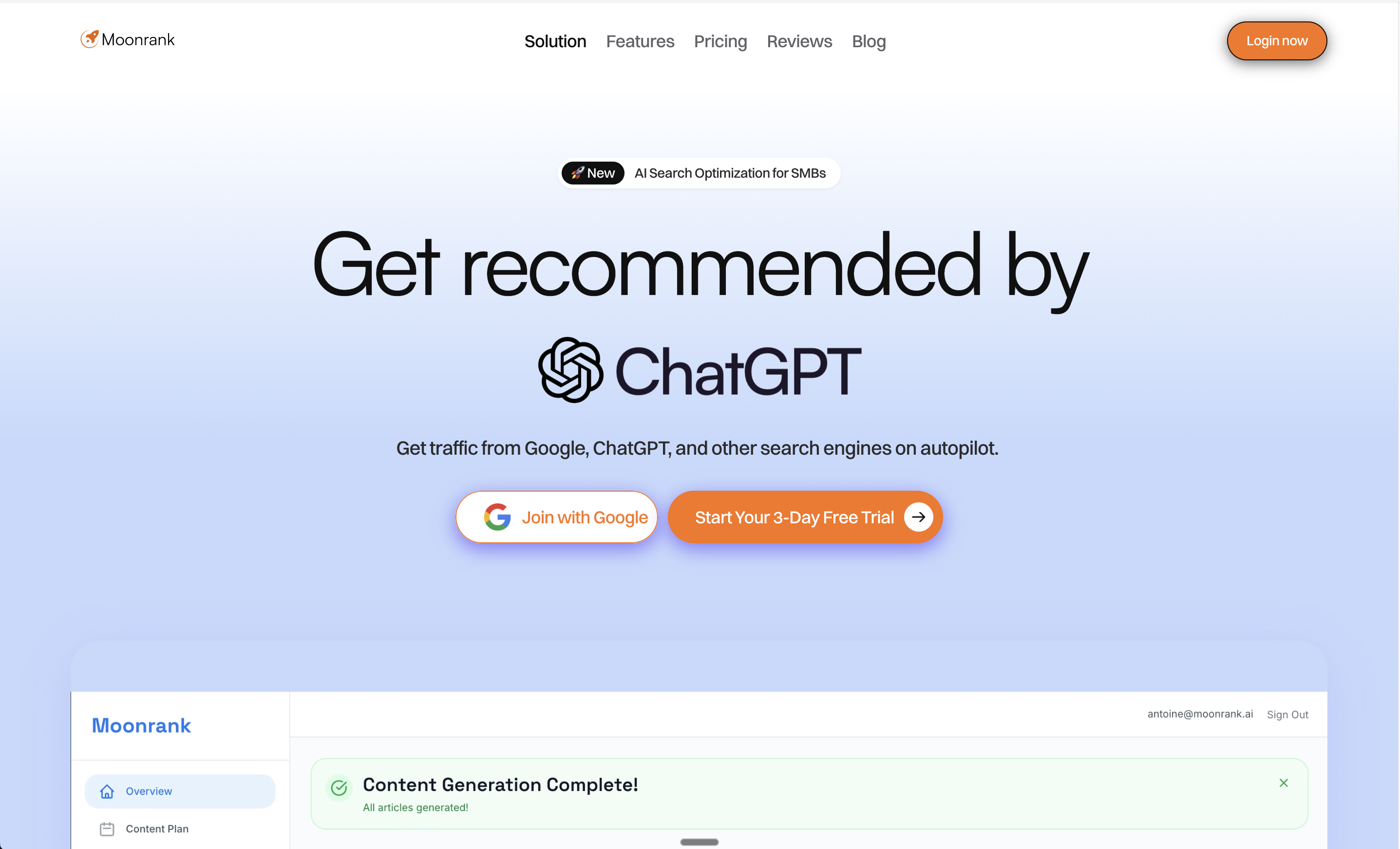MoonRank AI automates SEO optimization by analyzing URLs and automatically publishing improved content on a daily basis