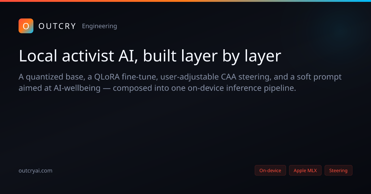 Outcry, a four-layer activist AI, runs on older phones without network calls by stacking quantization, domain adaptation, steering vectors, and a learned prefix