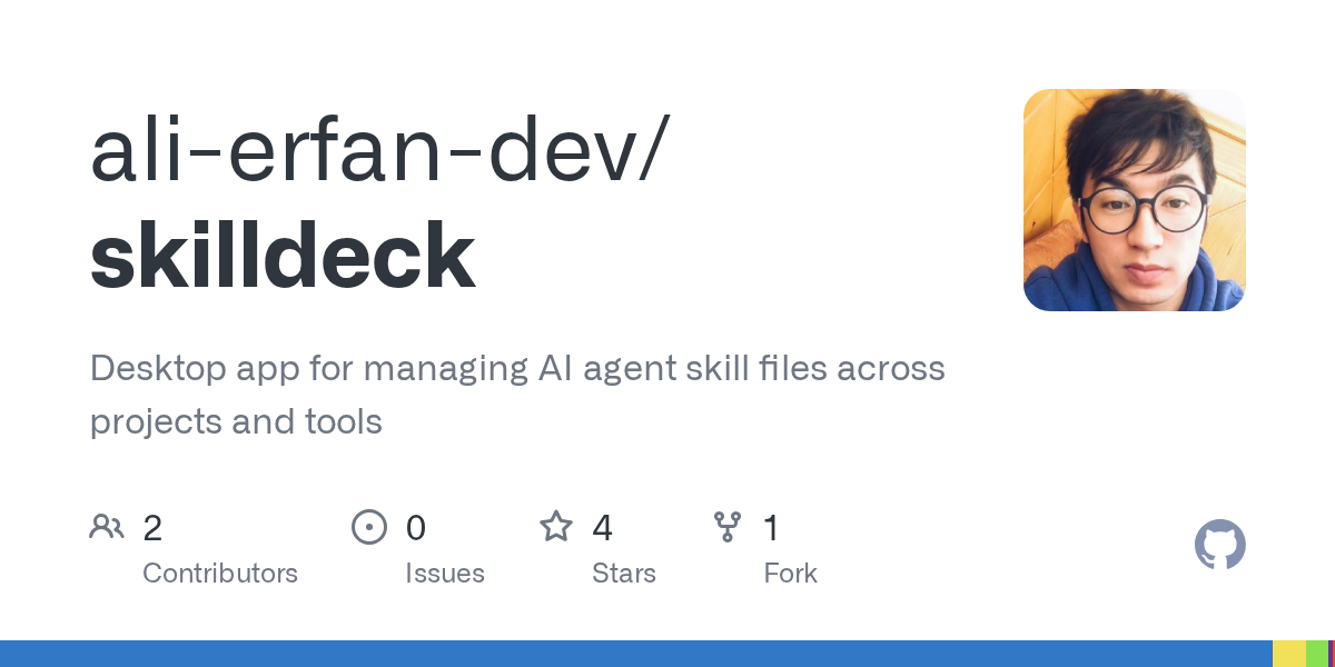 Skilldeck centralizes AI agent skill files across development tools, automatically syncing configurations for Claude, Cursor, Windsurf, and others while preventing configuration drift.