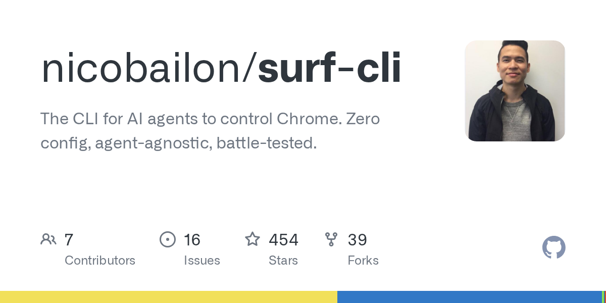 Surf-CLI v2.6.0 adds AI Studio and Windows support — a free, zero-config tool for any AI agent to control Chrome without API keys