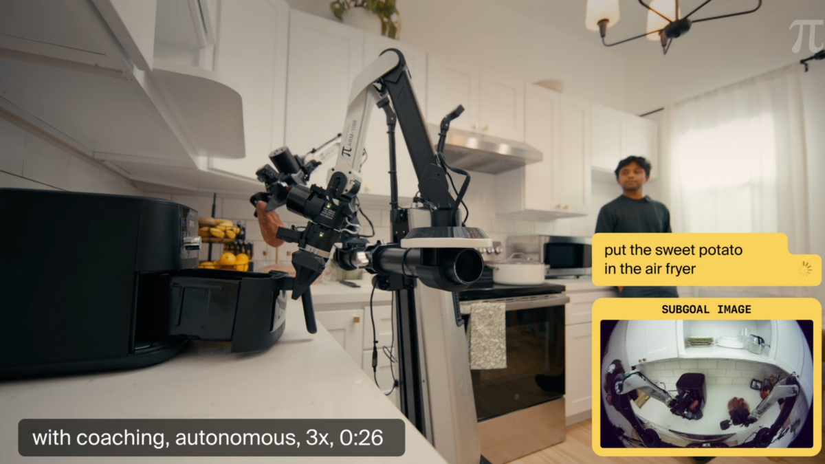 Physical Intelligence's π0.7 robot model demonstrates language model-like generalization by combining learned skills in novel ways, though with acknowledged limitations.